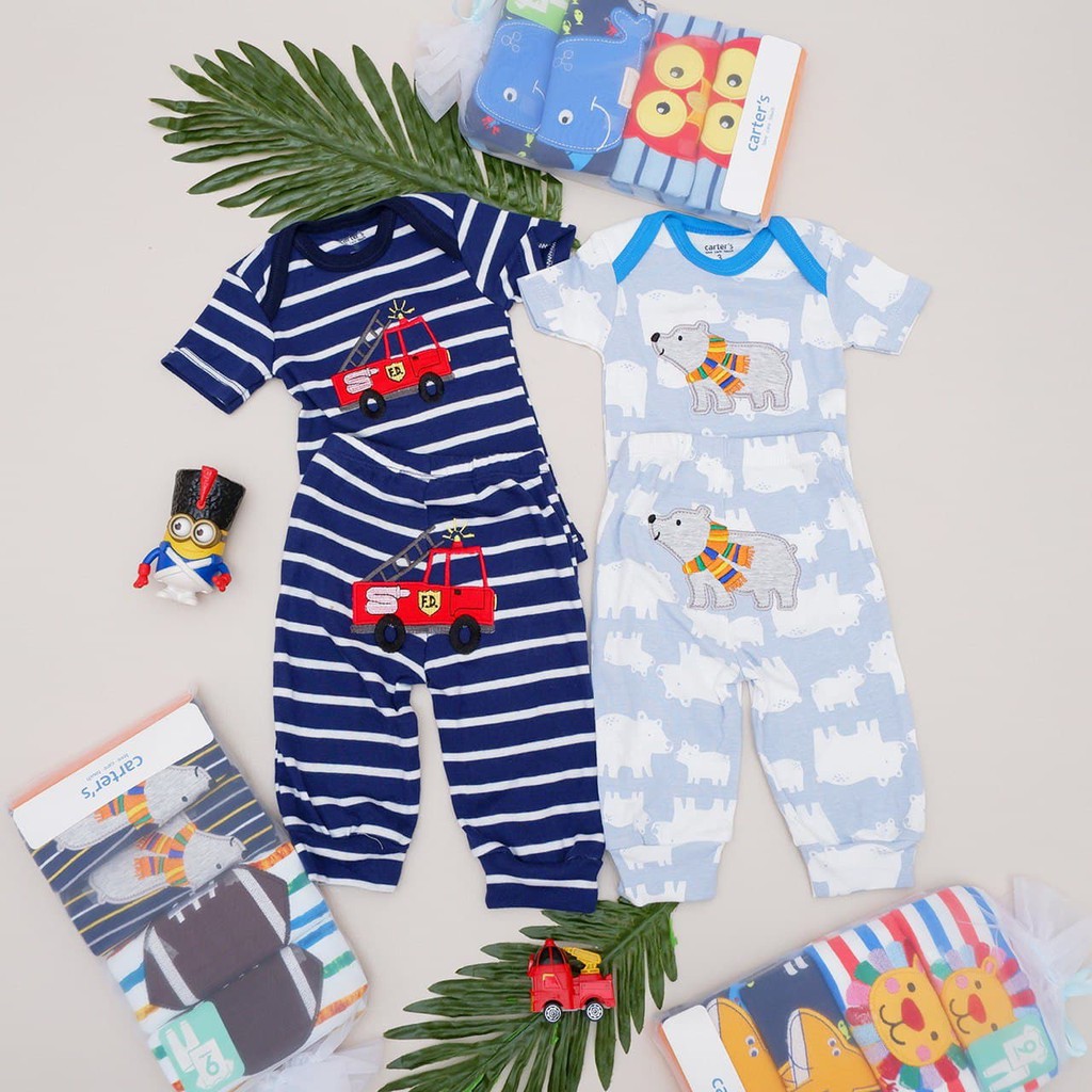 LIN9039 Boys/ Girls CARTER'S 4 in 1 Piyama Bayi Set : 2 Atasan Lengan Pendek + 2 Celana Panjang P...