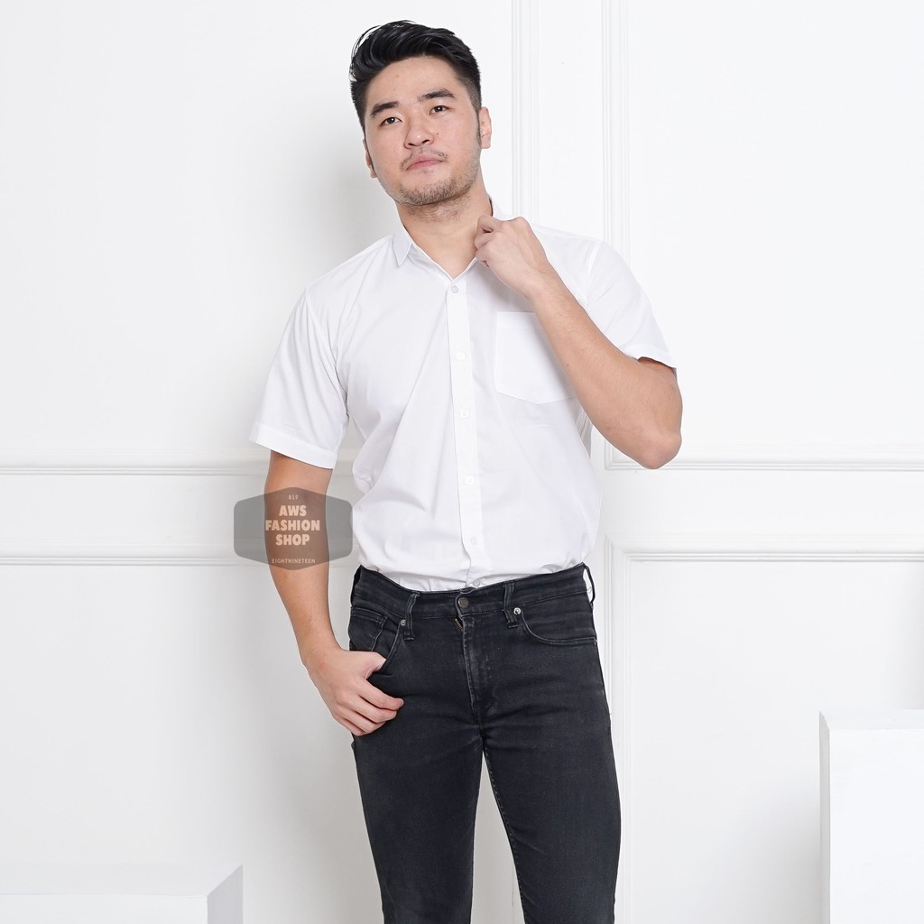 KEMEJA PRIA LENGAN PENDEK COWOK PUTIH POLOS FORMAL CASUAL KEREN 3295