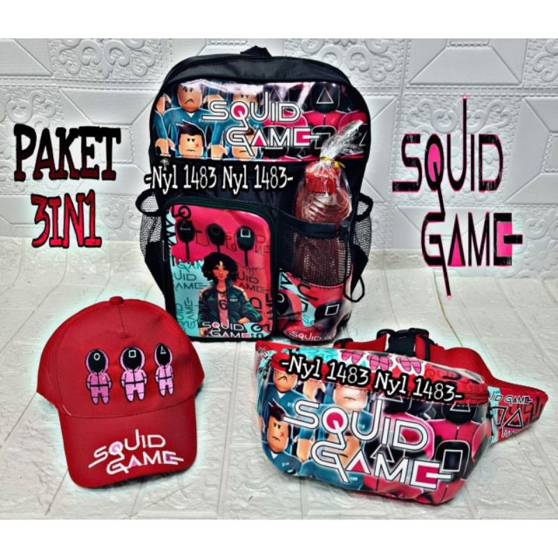 [BISA COD] Paket 3in1 Tas Ransel SQUIDGAME Ransel anak Sekolah TK SD Free Botol Waistbag &amp; Topi anak