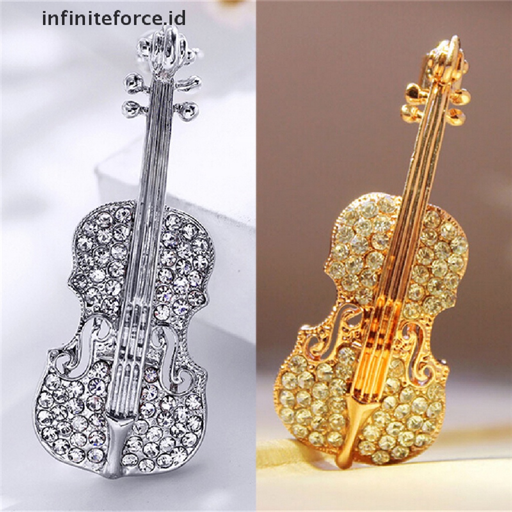 Bros Bentuk Biola Lapis Emas / Silver Aksen Kristal Berlian Imitasi Untuk Syal