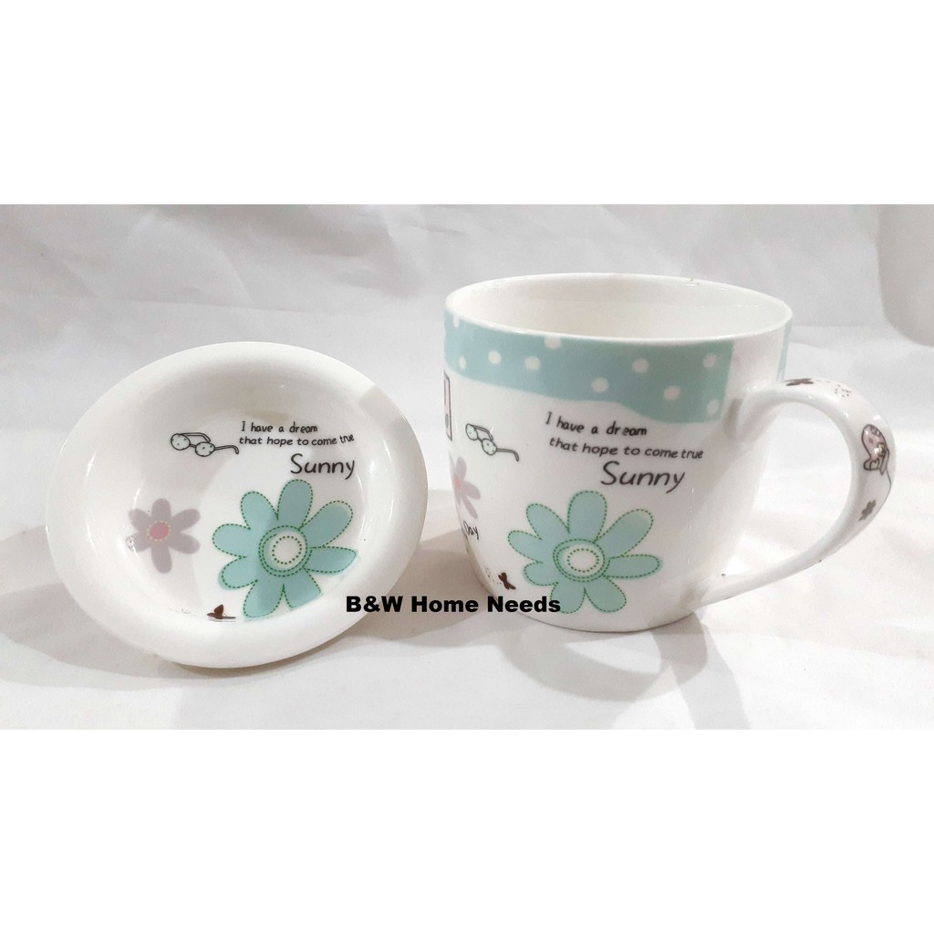 Cangkir Gelas Mug Keramik Gagang Motif Dengan Tutup/Tatakan Deye