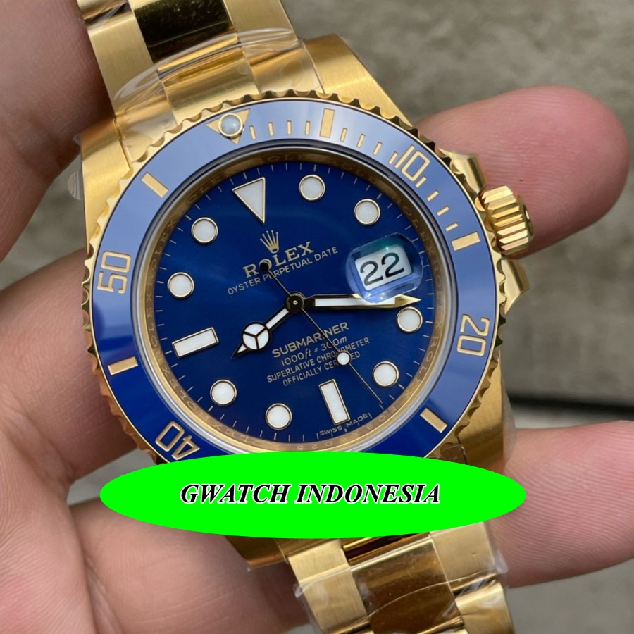 Cod  Jam Tangan Pria Branded Rolex Submariner Date 116618LB Yellow Gold Blue Dial VSF 1:1 Stainless 