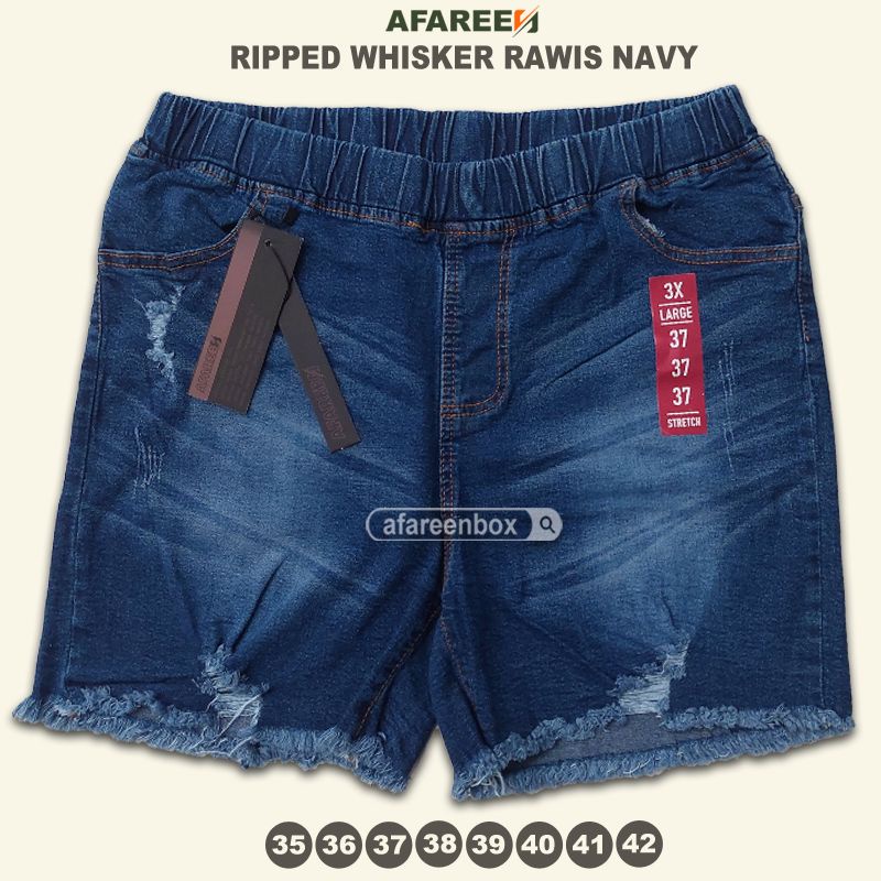 AFAREEN - Celana pendek jeans wanita jumbo hotpants jeans ripped sobek rawis rumbai 2/3 melar Celana Korea pinggang karet stretch Big size 35-42