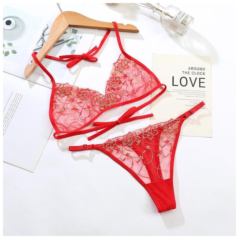 ( COD) Set Lingerie Wanita Transparan Bikini Sulaman Halter Neck Lace Lingerie Size Besar A137