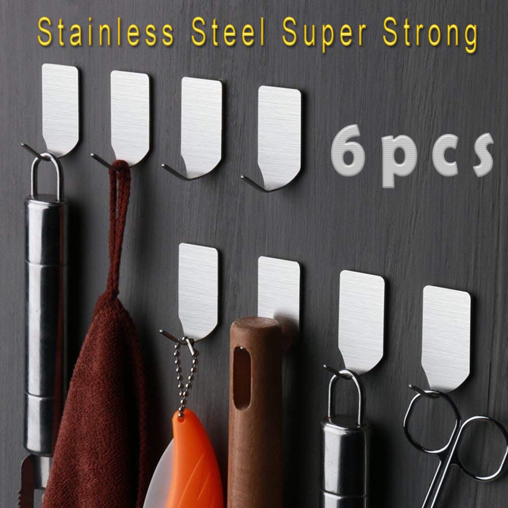 Gantungan Dinding Stainless Steel (dapat 6pcs) Super kuat dari besi Stainless Steel untuk peralatan dapur atau kamar mandi hanger cantelan dinding tembok cantelan pakaian belakang pintu  Gantungan Serba Guna Adhesive 6 PCS - DWC13F Warna Silver Wall Hook