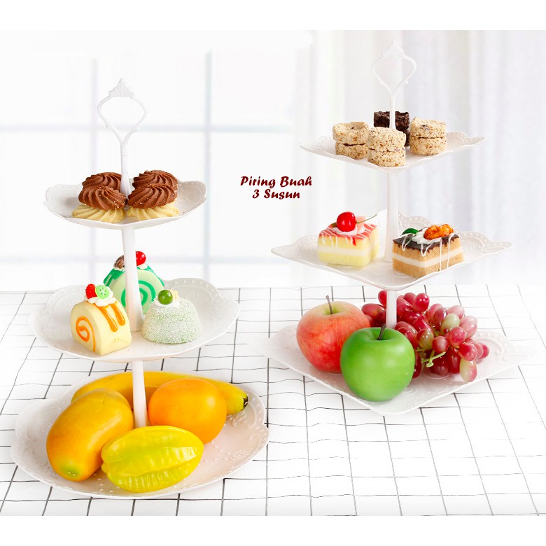PERSEGI & BULAT, Piring Buah 3 Susun (Tempat buah, kue, permen)