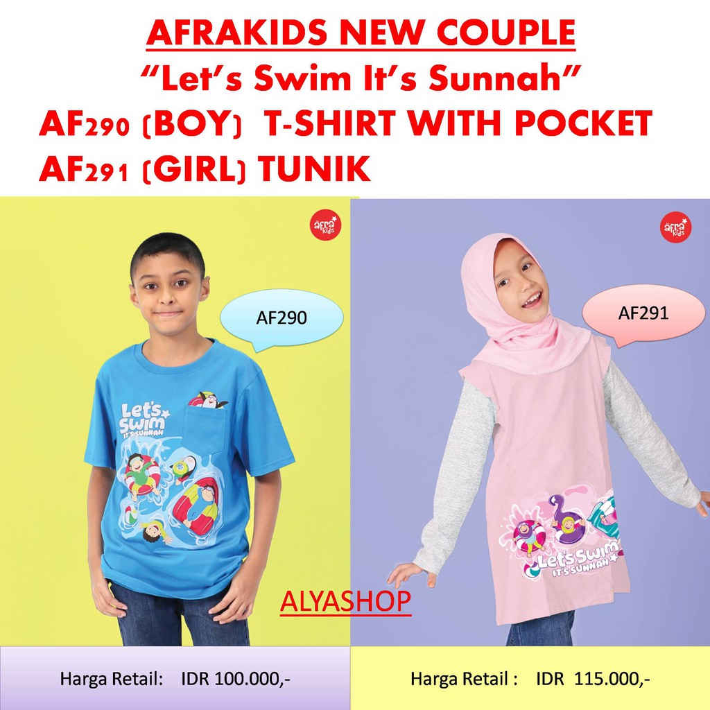 New Couple Afrakids AF290 (boy-Kaos Pocket/Kantong) &amp; AF291 (Girl-Tunik) &quot;Let's Swim It's Sunnah&quot;