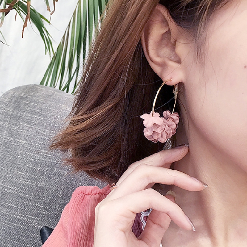 Anting Gantung Panjang Model Bunga Kain Bulat Besar Untuk Wanita