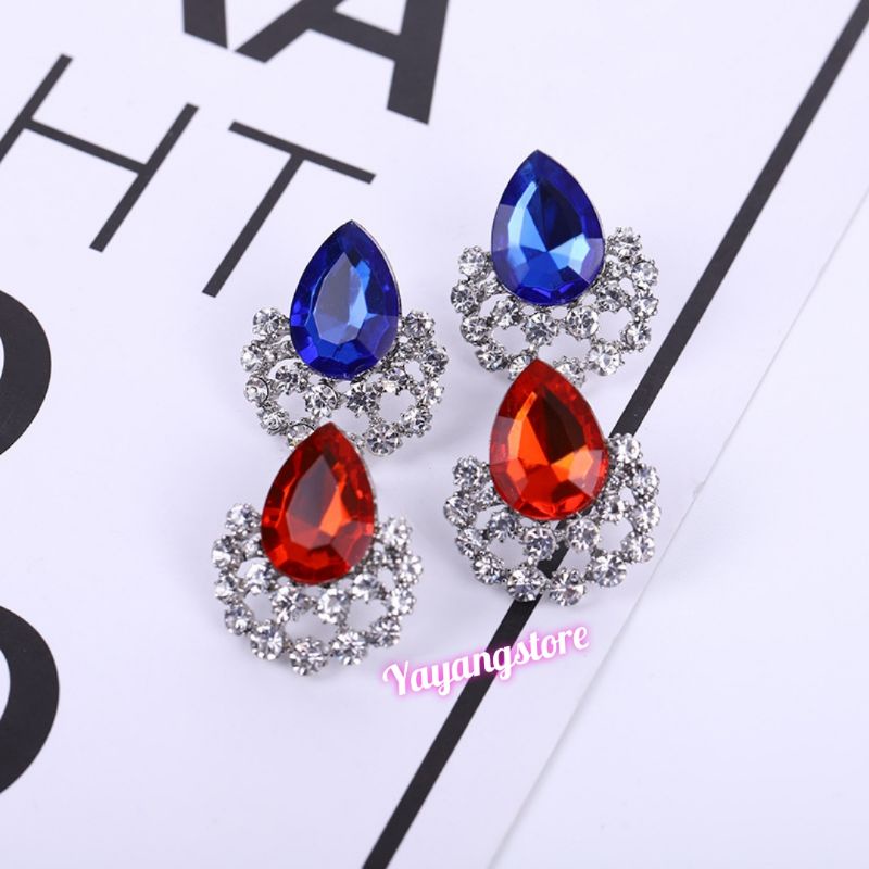 Anting Permata Batu Pesta Blue Saphire dan Batu Merah Korea Import