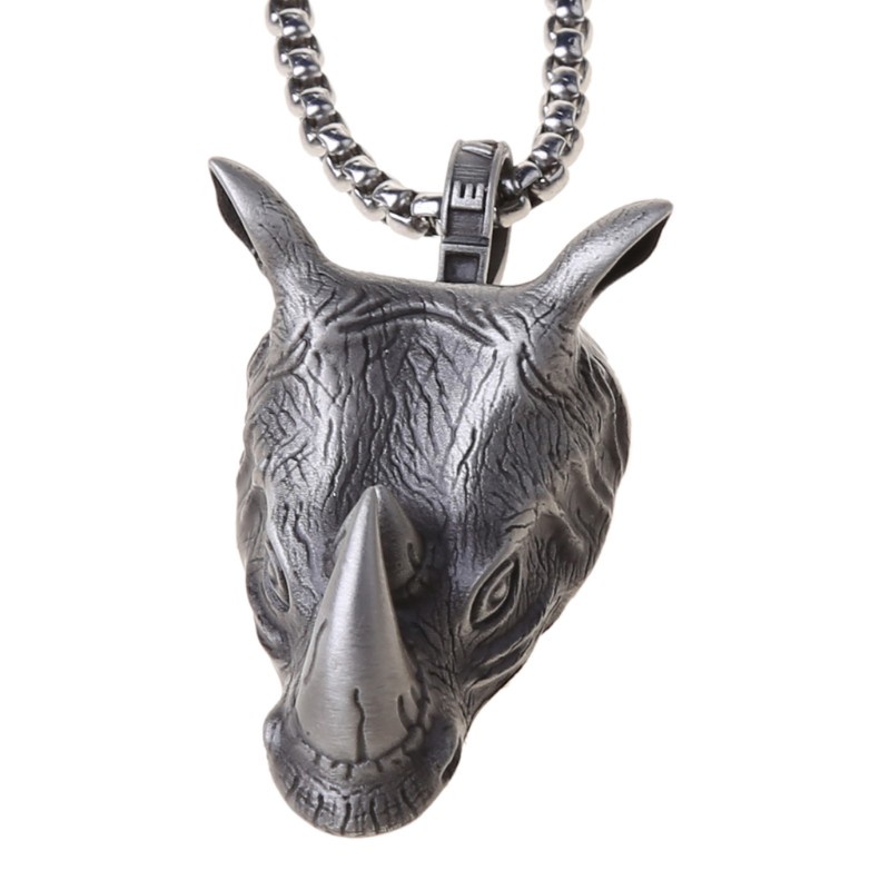 Glitter Vintage Norse Rhinoceros Pendant Necklace for Men Biker Punk Rock Animal Rhino Head Pendants with 24 inch Steel Chain