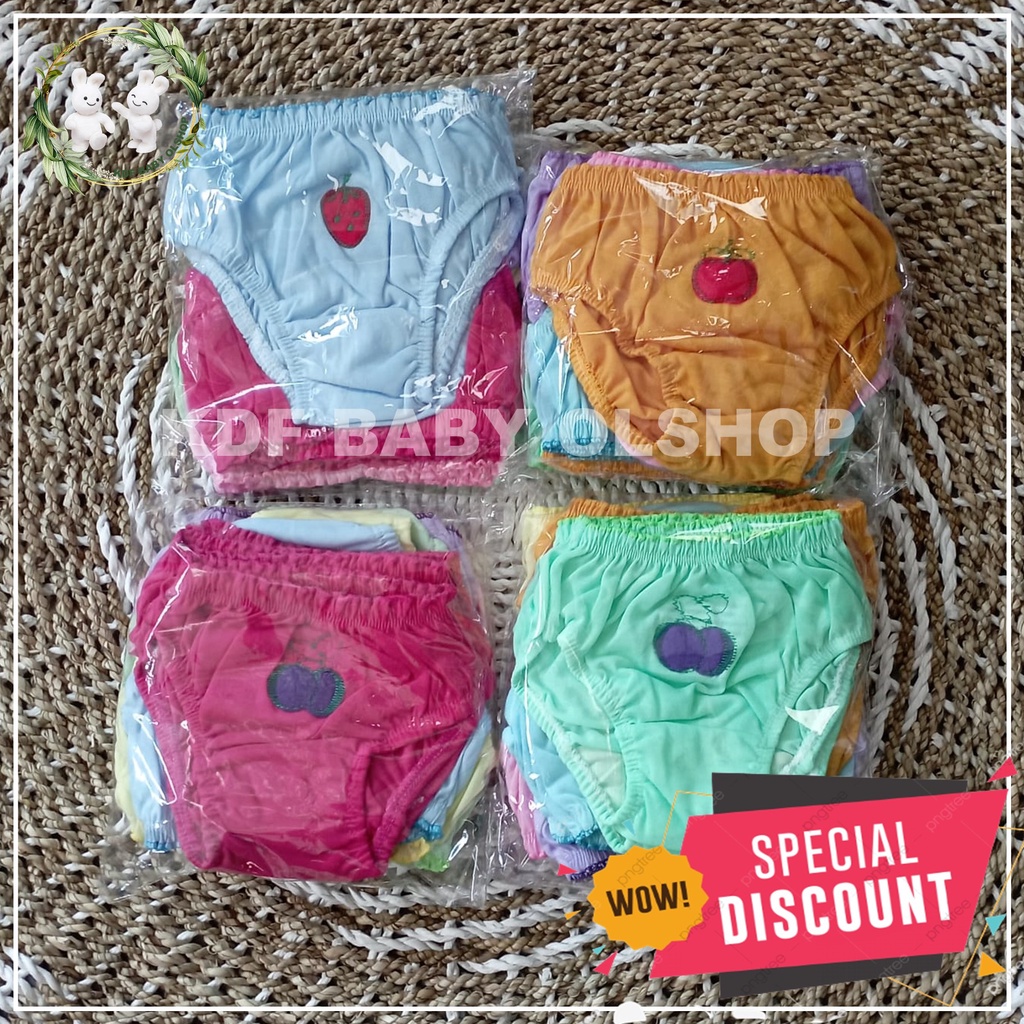 12 PCS CELANA DALEM ANAK PEREMPUAN, 6 PCS CD ANAK USIA 1 TAHUN SAMPAI-2345678.TAHUN,GAMBAR MOTIP BUAH-BUAHAN,BORDIER,MANUAL