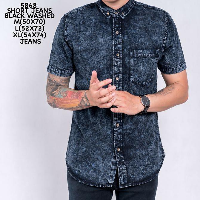 F⚡Ash Sale Hem Jeans Pria Lengan Panjang❥ 8 Short Jeans Black Washed Kemeja Pendek Grosiran