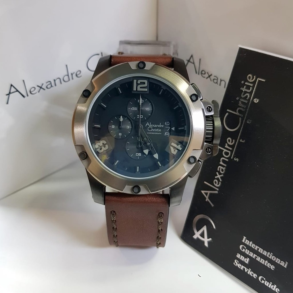 Alexandre Christie 100% Original Ac6295 Jam Tangan Pria hitam grey tali kulit coklat