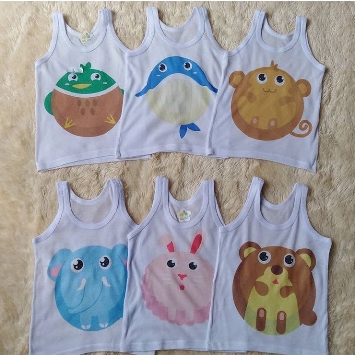 1 LUSIN | 12 pcs  SINGLET Bayi Dan Anak Kaos Dalam  KUTUNG Motif Putih &amp; Warna