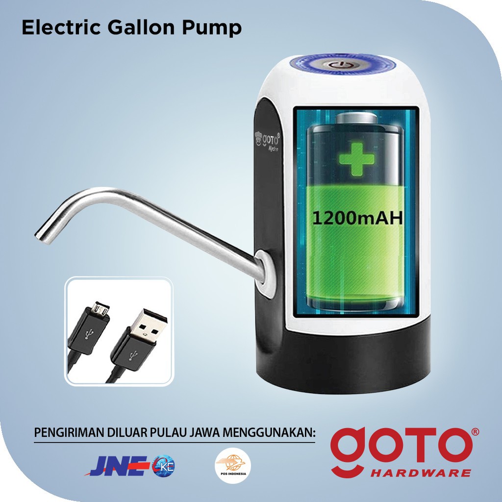 GOTO HYDRO Pompa Galon Elektrik LED Pencetan Air Minum Otomatis Murah Dispenser Alat Pemompa Kompa Galon Baterai Cas Automatic Water Pump Electric USB Charger Portable Recharge Food Grade Warna Hitam Putih Biru Hijau Ungu Pink