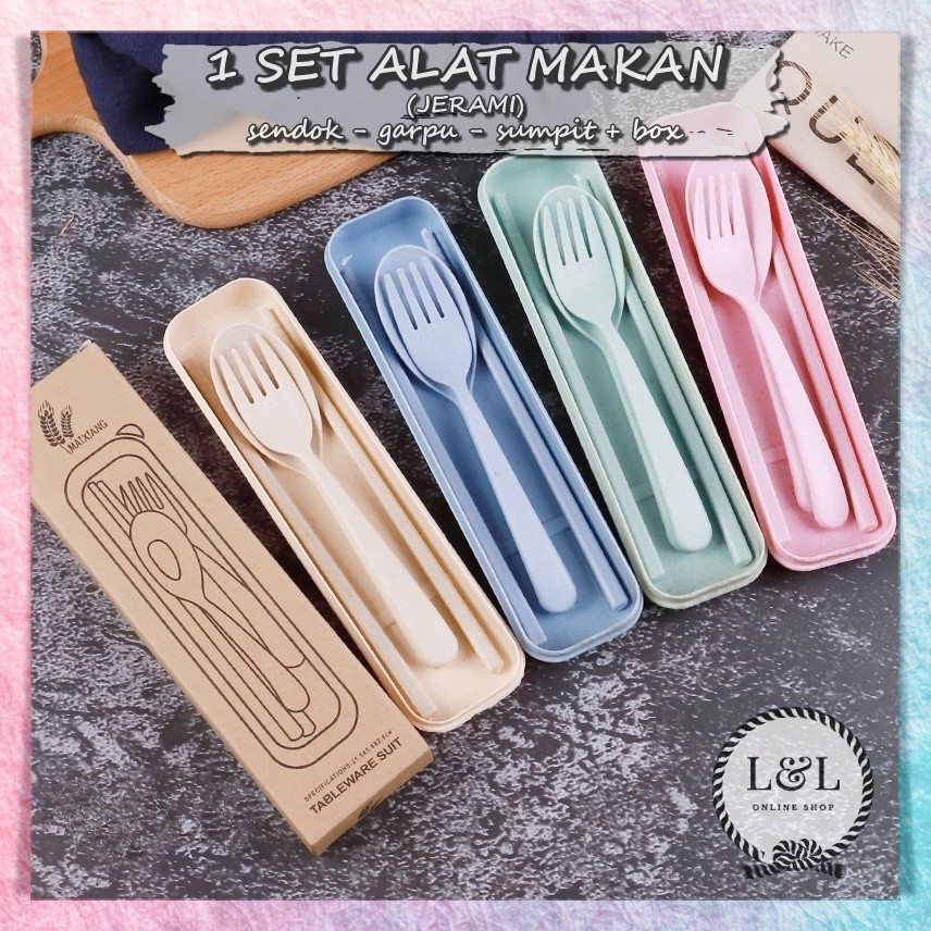 1 Set Alat Makan Sendok Garpu Sumpit + Box Plastik Jerami | Wheat Straw Portable Travel Cutlery
