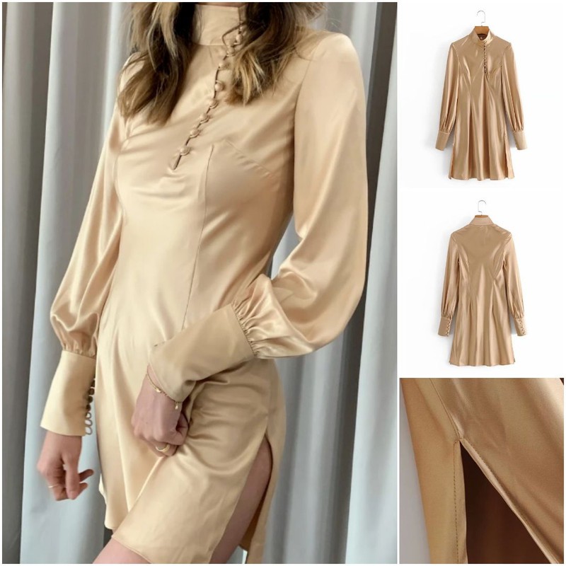 59081 Beige Silky Dress / Dress Pesta Mini Krem Mengkilap