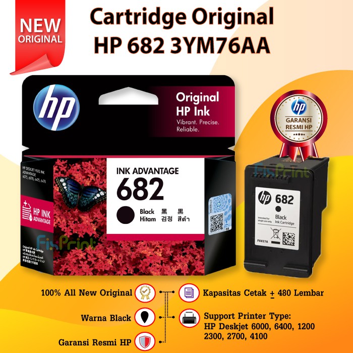 Cartridge Original HP 682 Black 3YM77AA Printer 6000 6400 1200 2300 2700 4100 2335 2336 2337 1216