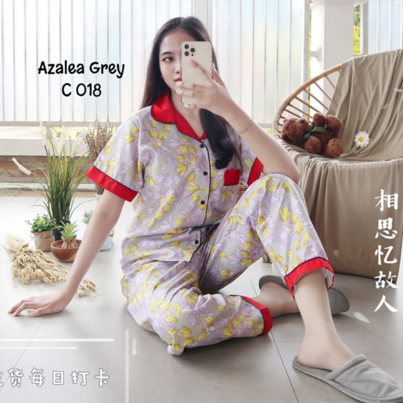 Baju Tidur Piyama Wanita Dewasa Piyama Baju Santai Motif Bunga-Azalea gray red