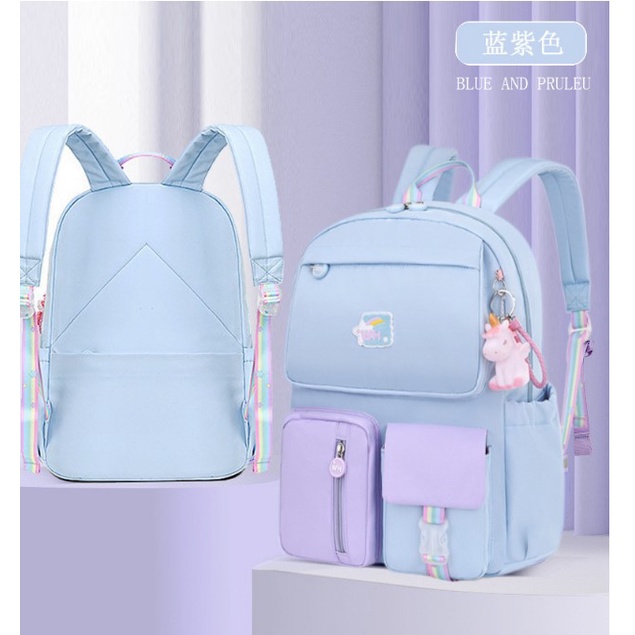 TAS SEKOLAH RANSEL ANAK SD/SMP/SMA CEWEK WARNA SOFT PASTEL CANTIK LUCU WATERPROOF (TAHAN AIR) 202 ukuran 18 big HADIAH GANTUNGAN-BLUE AND PURPLE