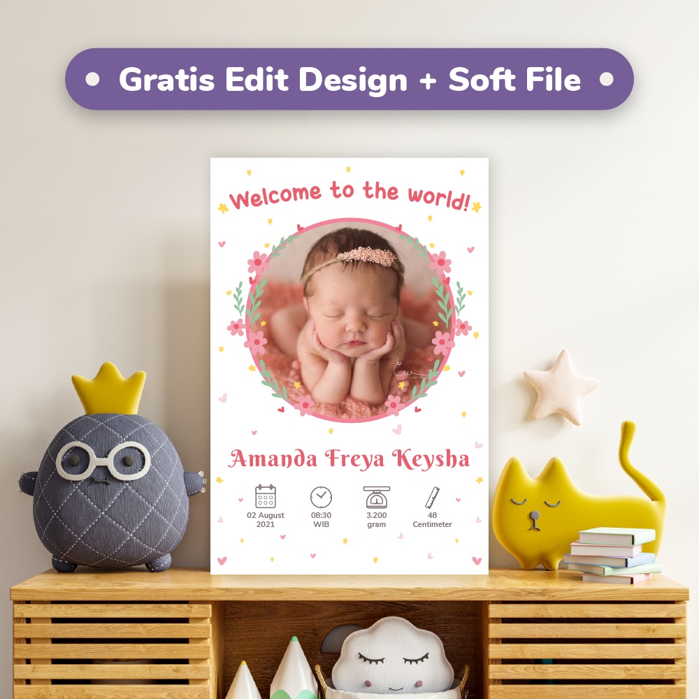 Hiasan Dinding Dekorasi Dinding Biodata Anak Bayi Perempuan Custom Kamar Tidur Bayi Cewek Kado Hadia