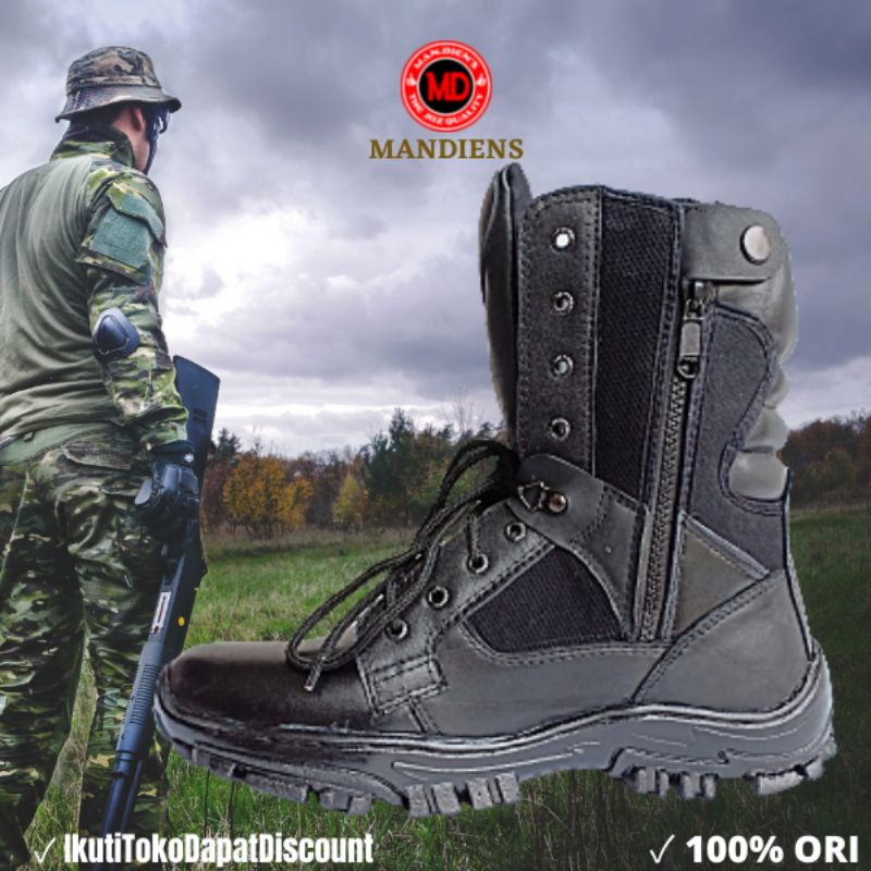 MANDIENS Sepatu PDL TNI POLRI - Sepatu Pdl Kulit vs Kanvas Kombinasi Tali Resleting - Sepatu Banser Satpam