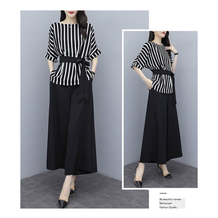 NEW 2Pcs Setelan Wanita Blus Bergaris Lengan Pendek Ikat + Celana Longgar Wide Leg Set Kasual Hitam