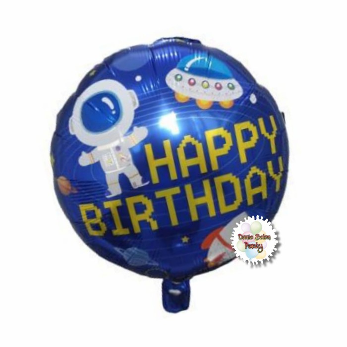 Balon Foil Bulat Astronot / Balon Foil Happy Birthday Rocket Ufo BIRU