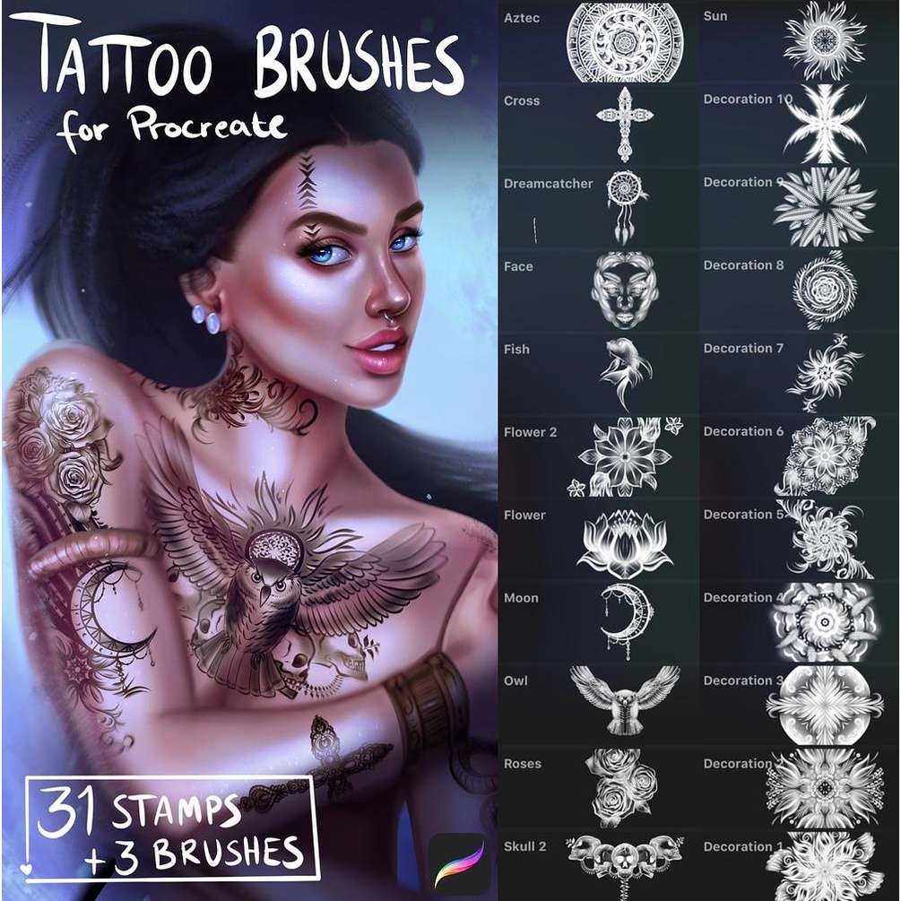 Procreate Brush - 130+ Brushes Tattoo, Wings &amp; Glitter Effects Brush Stamps