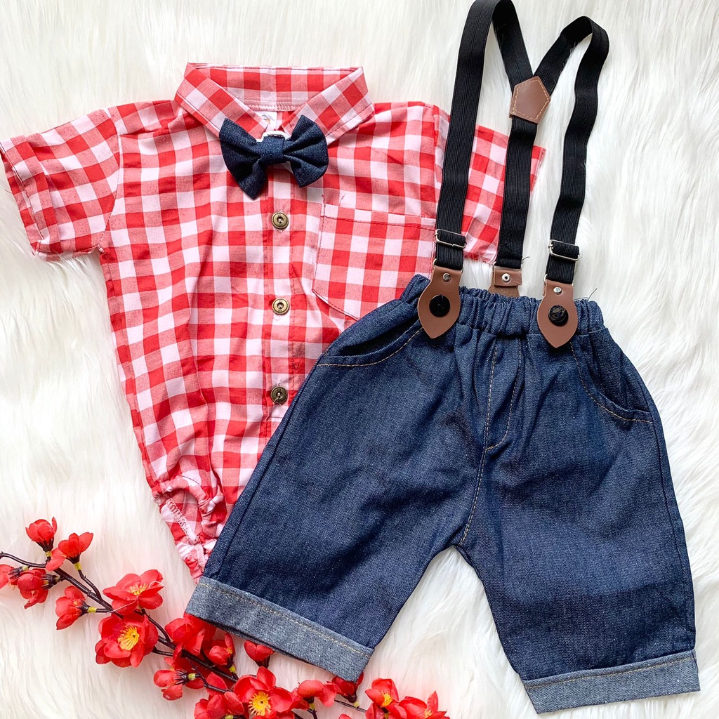 Baju setelan 0-8 bulan suspander tuxedo lucu bestseller anak bayi cowok laki murah -min
