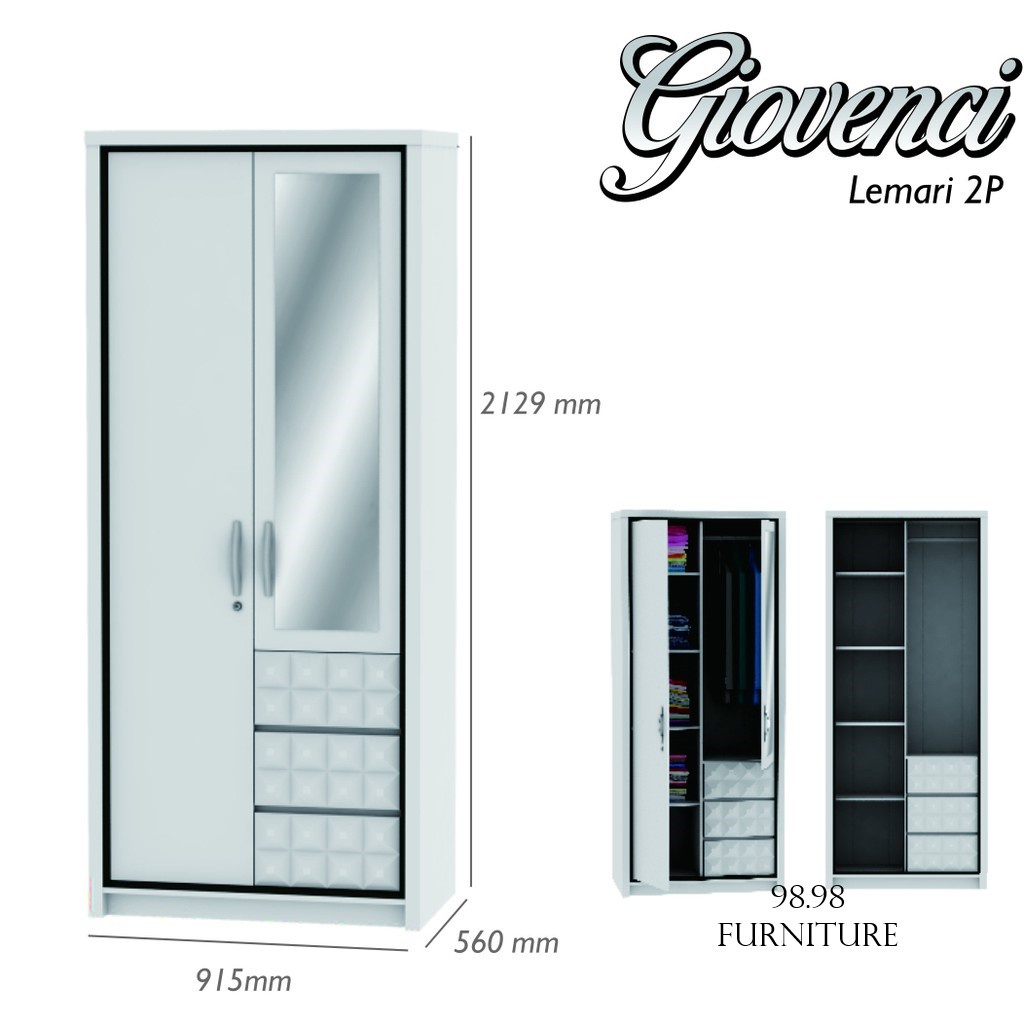 MELODY Lemari Pakaian 2 Pintu Putih Pintu Kaca Cermin - Lemari Baju 2 Pintu Giovency White Glossy - 