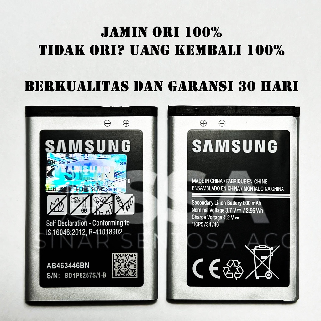 Baterai Original 100% Samsung Lipat Flip Champ Duos C3300 C3303 C3520 C5212 C140 E1080 E1205 E1228 E1272 E2330 E2530 E2652 E339 D520 B109E B189 B309 B310E X150 X160 X208 X969 Galaxy Ori HP Battery Batrai Batre Batu Batere GARANSI