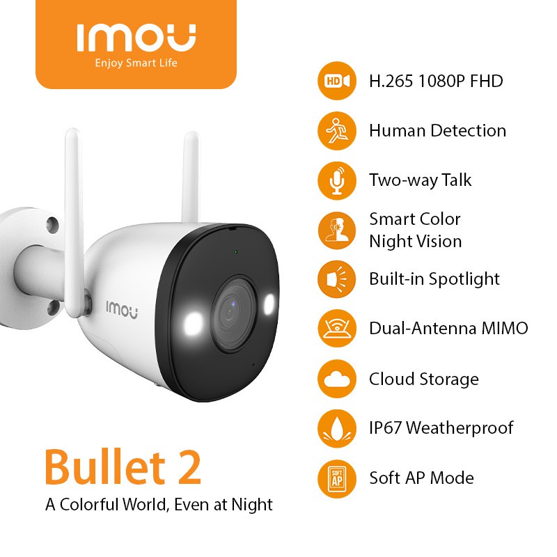 IMOU Bullet 2 - Kamera IP Outdoor 1080P, Night Vision 30m, H.265, MicroSD 256GB, IP67