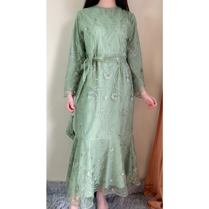 Ken-237 Busana Gamis Long Dress kondangan Muslim Hijab Wanita Dress Pesta Korean Look Model Duyung Premium Full Tulle High Quality