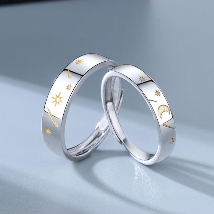 [ACKER] S925 Sterling Desain Bulan / Matahari Bintang Meteor Perak Dengan Set Cincin Yang Dapat Disesuaikan Untuk Pasangan