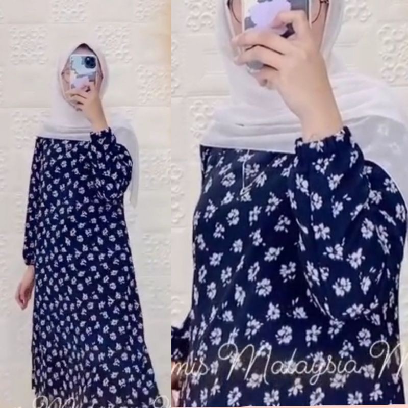 Gamis Malaysia Motif Ready  /MotifBunga Dasar Hitam Non Busui