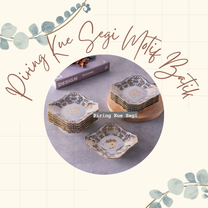 Piring kue segi motif batik gold isi 12 / Lepek kue keramik / Lepek Kue Serbaguna