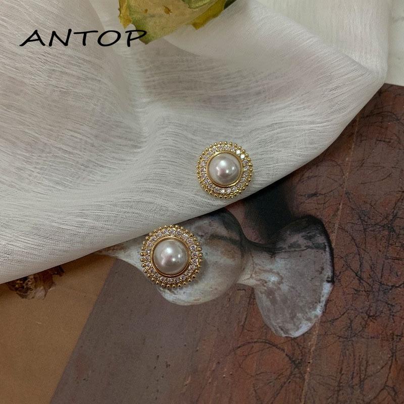 Anting Tusuk Gantung Desain Bunga Gaya Korea Untuk Wanita Aksesoris Perhiasan Mutiara Bahan Alloy Bentuk Bulat Dan Kotak Untuk Pakaian ANTOP