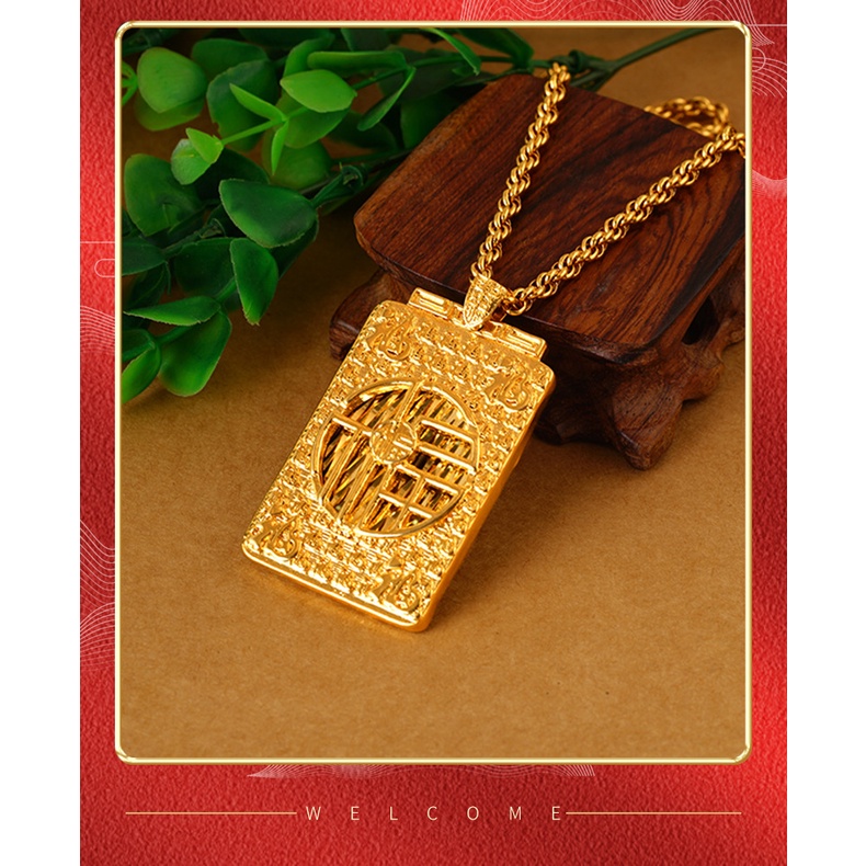 Liontin Kalung Emas Asli Kadar 375 Desain Karakter Fu Hollow Gaya Retro Untuk Pria