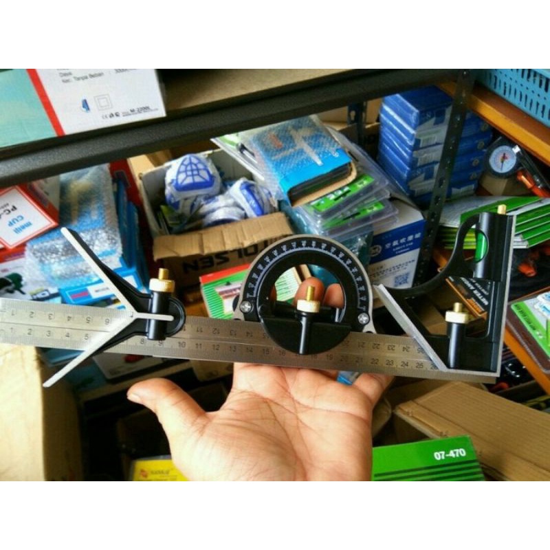 Penggaris Siku Tukang Kayu Mistar Sudut Busur Kombinasi Waterpass 3 in 1