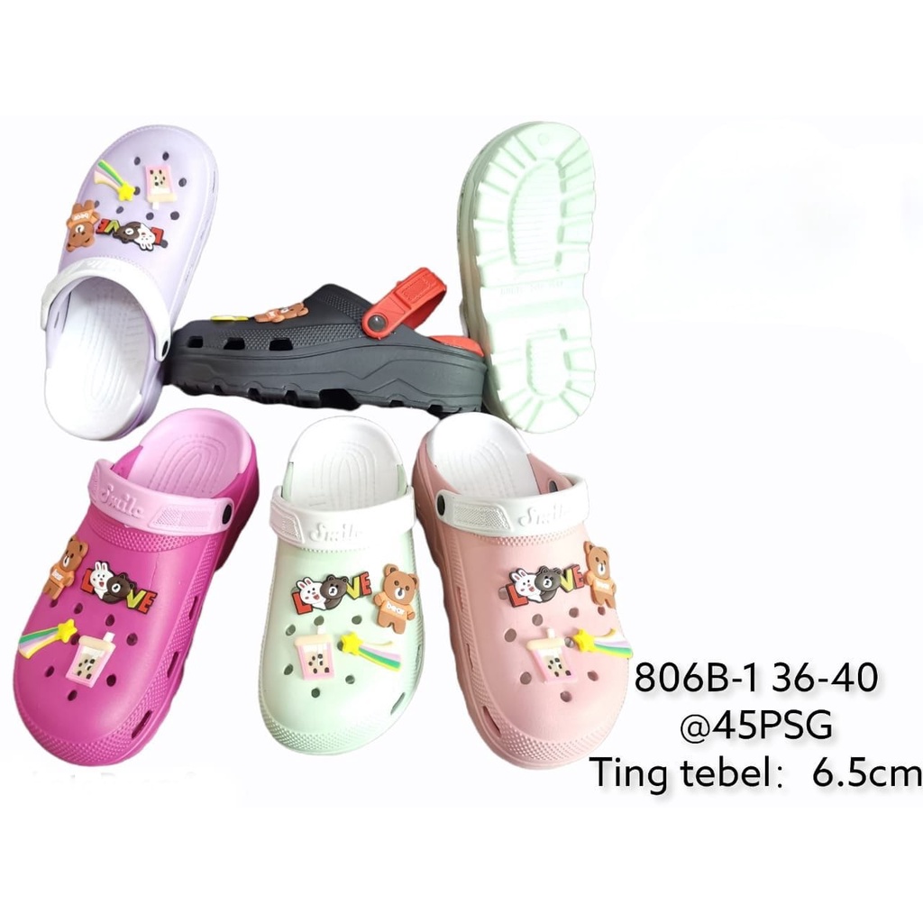 EVA Sandal Slop Wanita Baim Clog Bahan Karet EVA Ringan Empuk Rubber Non-Slip Jibbitz Boba Bear 806B