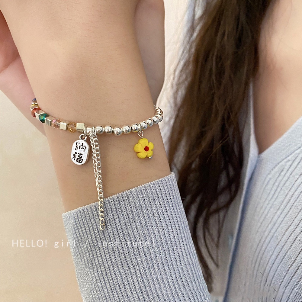 Gelang Bangle Dengan Liontin Manik-Manik Bunga Geometris Warna-Warni Untuk Wanita
