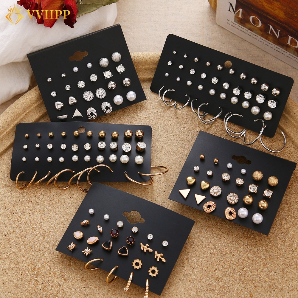 40Pcs/Set Mode Anting Set Mutiara Kristal Anting Emas Perhiasan perempuan Aksesoris