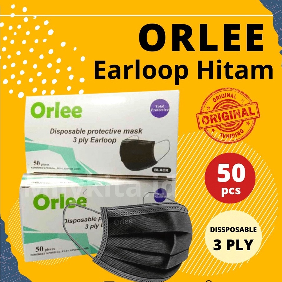 Masker Orlee Disposable Hitam 3 ply Earloop Original Emboss 50 pcs Black