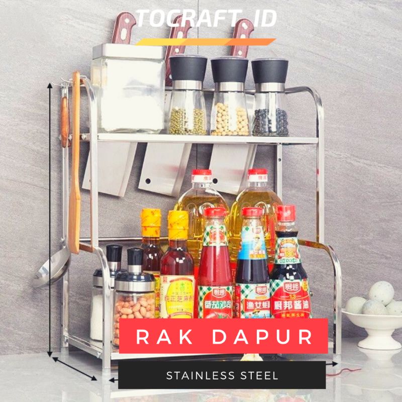 Rak Bumbu Dapur Stainless Steel 2 Tingkat Tempat Peralatan Masak Pisau Gula Garam