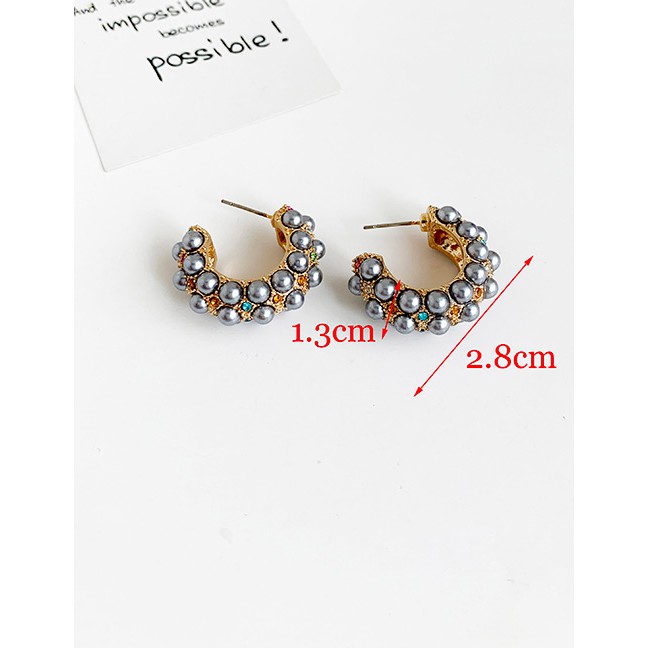 LRC Anting Tusuk Fashion Gray Alloy Pearl Circle Earrings D26417