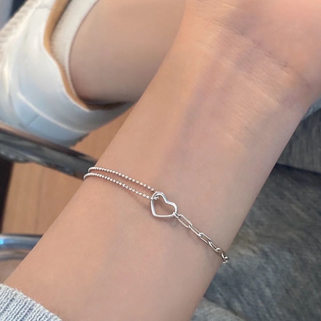 Gelang Rantai Bahan S925 Silver Double Layer Bentuk Hati Gaya Korea Untuk Wanita