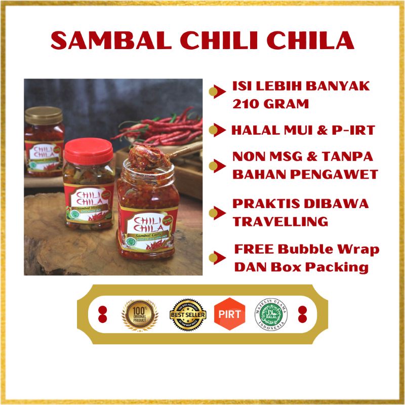 

Sambal Chili Chila 210Gram Halal MUI P-IRT Cakalang Pete Roa Kecombrang Teri Jambal Peda Cumi Terasi Ijo Oncom Matah Aiza