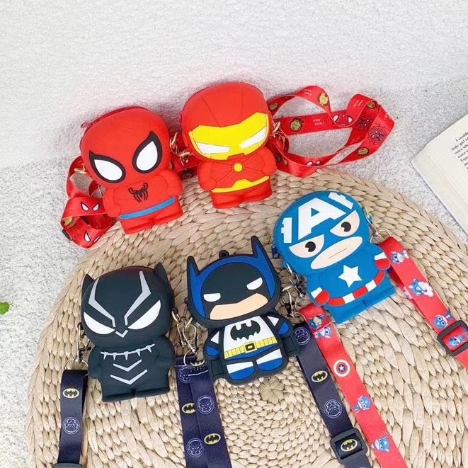 Amadela Story - Tas Selempang Anak Jelly Rubber Karakter Import Tas Lucu Anak Coin Purse Tas Koin Tas HERO Spiderman Ironman Batman Black Panther Blackpanther Captain America Captainamerica