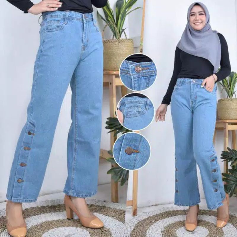 Boyfriend Jeans Wanita Denim Kancing Kaki